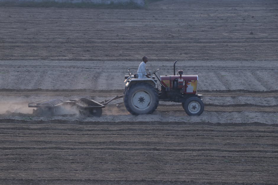 An aerial view of a small orange and grey tractor with four large black rubber tires operating on a tilled, earthy brown soil surface, pulling a metal harrow attachment with multiple metal tines arranged in a grid pattern. The soil shows distinct parallel furrows created by previous cultivation, and the scene is set outdoors under natural daylight, with no other objects or structures visible. The image emphasizes machinery used in agricultural or land preparation activities, similar to the equipment employed in on-site rubbish or waste clearance services offered by Rubbish Clearance Harrow, which manage varied waste removal tasks in settings such as gardens or construction sites.